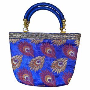 RARE Indian Ethnic Vintage Peacock Royal Blue Gold Burgundy Purse Handbag